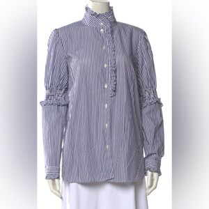 See By Chloé Blue and White Striped Ruffle-Trim Button-Down Shirt